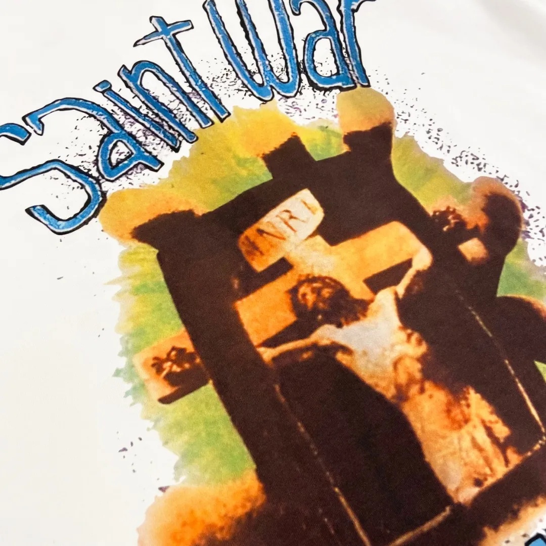 Saint Michael cross male god VTG American print retro Vintage loose short-sleeved T-shirt with digital white ink direct printing. The fabric is breathable and the pattern is three-dimensional and clear. Fabric: Double yarn 240g Style number: S911 Size: S-M-L-XL Color: White Price: P110